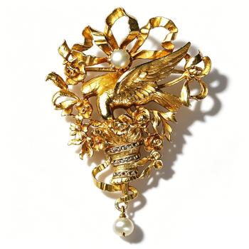 French Art Nouveau Repoussé 18K Gold Dove Floral Basket Pearl Diamond Brooch
