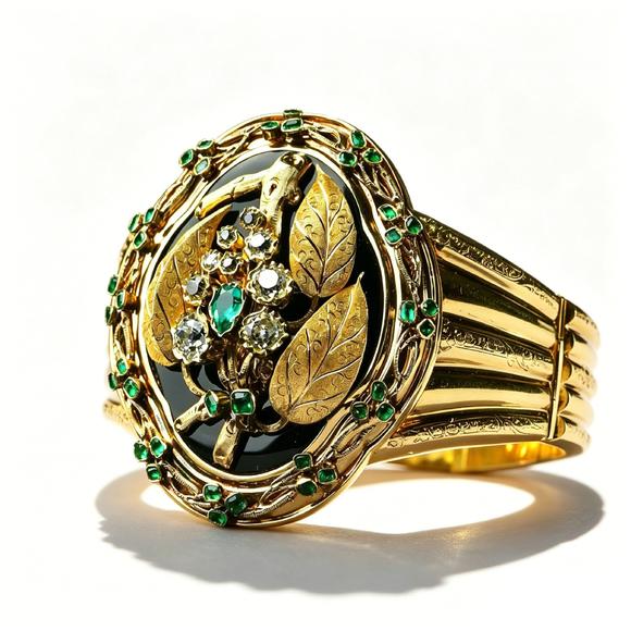 Horizontal EnchèreFrench Napoleon III Gold Onyx Emerald & Diamond Wide Hinged Bracelet