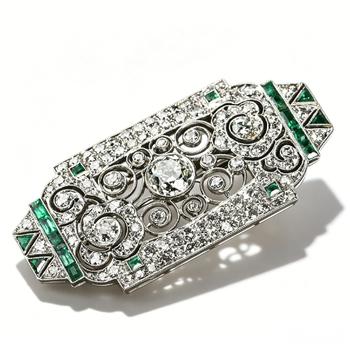 Magnificent Art Deco Platinum Diamond & Emerald Openwork Plaque Brooch