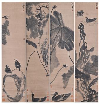 八大山人 花鳥四條屏 立軸紙本設(shè)色