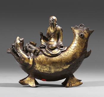 清乾隆 銅泥金仙人魚化龍香熏