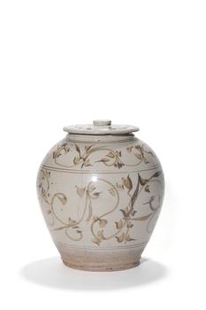 Pot couvert Cizhou à motifs de liserés brun-noir sur gla?age blanc, 10–13 ap. J.-C.