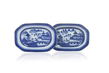 A pair of blue and white octagonal platters