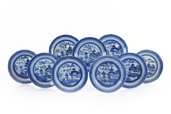 A set of nine Canton blue and white plates