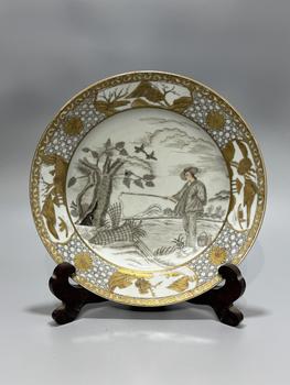 A Grisaille and Gilt Export Porcelain Plate Painted with European Fisherman Landscape, China, 18th century