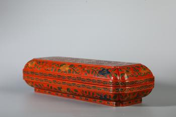 A Red Lacquer Rectangular Box with Polychrome Peony Scrolls, 15–17th CE