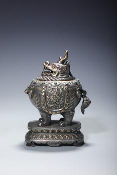 A Silver Luduan Censer Inlaid with Turquoise, Wood Stand, China, 16th–19th centuries