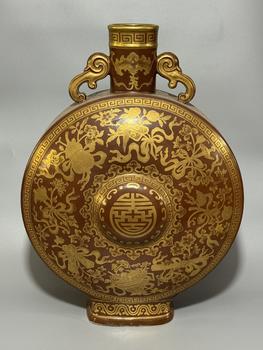 A Brown-Ground Gilt Moon Flask with Twin Ruyi Handles, Eight Treasures and Longevity Character Motifs, China, 18th century