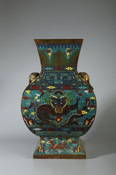 A Cloisonne Enamel Square Vase with Twin Elephant Handles and Dragon Motifs, China, 18th CE