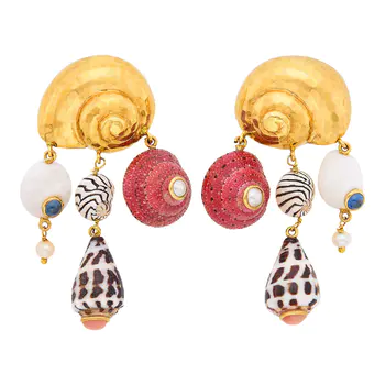 Maz Pair of Hammered Gold, Shell, Cabochon Sapphire, Angel Skin Coral and Cultured and Split Pearl