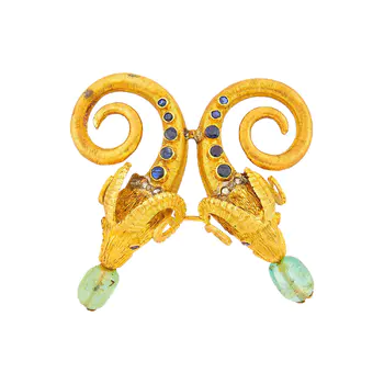 Zolotas Gold, Emerald Bead, Sapphire and Diamond Ram's Head Brooch