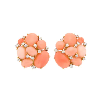 Pair of Gold, Angel Skin Coral, Aquamarine and Diamond Earclips