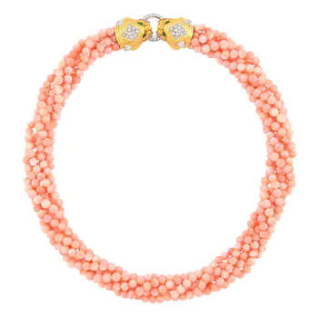 Multistrand Angel Skin Coral Bead Torsade Necklace with Two-Color Gold, Diamond and Emerald Lions'