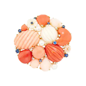 Gold, Multicolored Coral, Cultured Pearl, Sapphire and Diamond Clip-Brooch