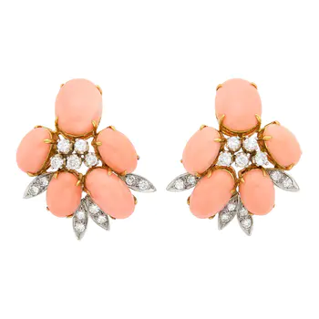 Pair of Two-Color Gold, Angel Skin Coral and Diamond Earclips