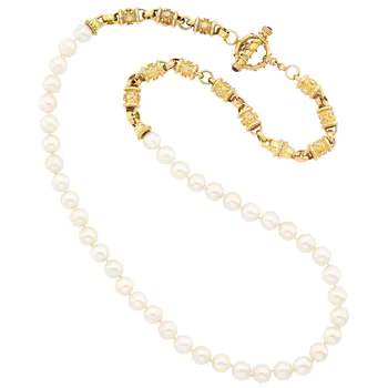 Long Gold, Cultured Pearl and Diamond Necklace/Bracelet Combination with Toggle Clasp