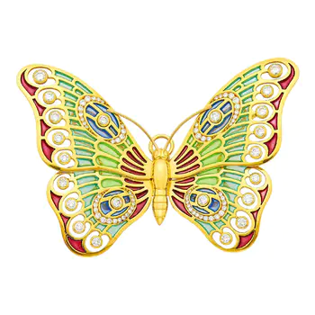 Leo De Vroomen Gold, Plique-à-Jour Enamel and Diamond Butterfly Pendant-Brooch