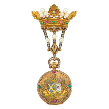 Antique Gold, Enamel, Pearl, Diamond and Gem-Set Demi-Hunter Lapel Pendant-Watch