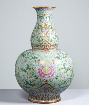 清乾隆 淺綠地洋彩扒花綿上添花萬壽連延葫蘆瓶