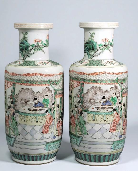 東京蕓術(shù)清康熙五彩十八學(xué)士圖棒槌瓶