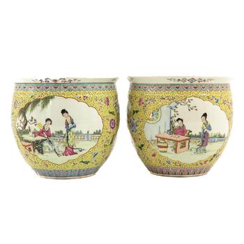 A pair of famille rose fish bowls