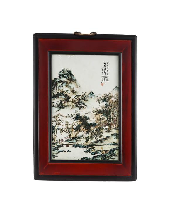 Cascade'sPastel green landscape porcelain painting in the Republic of China | 民國 粉彩青綠山水瓷板畫