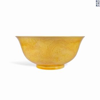 Dark carved sea dragon bowl with yellow glaze in Guangxu of Qing Dynasty | 清光緒 黃釉暗刻海水龍紋碗