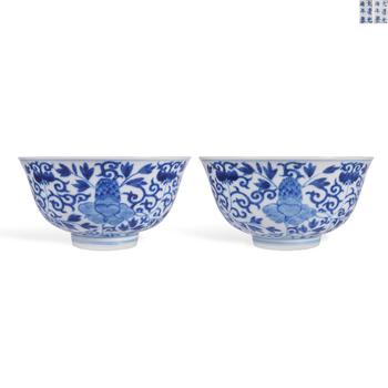 A pair of blue and white peony tea gardens in Guangxu of Qing Dynasty | 清光緒 青花牡丹紋茶園一對