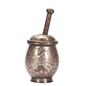 A CHINESE SILVER INLAID BRONZE MORTAR SET