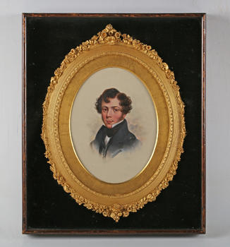 English School (19th century) - Portrait of a young man, watercolour and bodycolour, oval, 20cm x 15cm, within an oval gilt composition frame within a
