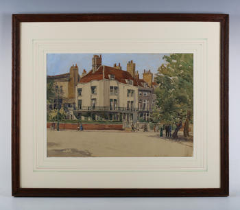 Grace Marian Collcutt (British 1875-1954)- Street scene with figures, watercolour over pencil, signed lower right, 30cm x 42cm, within an oak frame. P