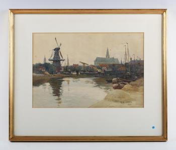 M.R. Jones (19th/20th century) - Dutch river scene with windmill and cathedral beyond, watercolour, signed and dated 1898 lower right, 26cm x 38cm, wi