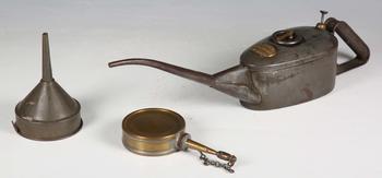 A Braime tin oil can, length 45cm, a Braime brass oiler and a tin funnel.