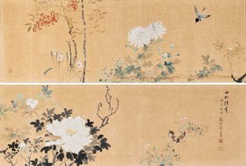 木下靜涯〈花卉圖〉紙本兩件一組
