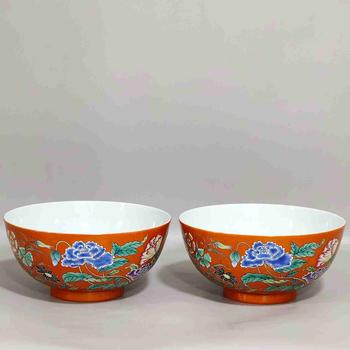清代雍正御製洋彩珊瑚紅地花卉紋碗