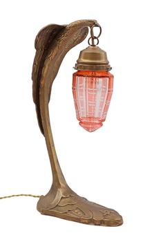 4036.Brass table lamp in the shape of a bird, with cut glass shade, in Art Deco style, 49 cm high