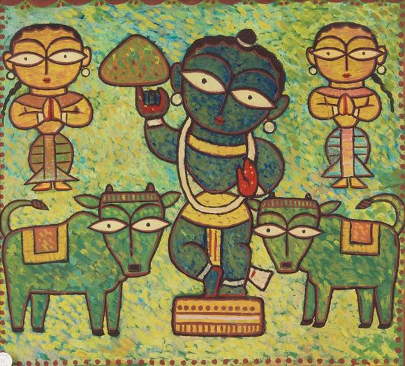 RoseberysJamini Roy (Indian 1887-1972),
Krishna holding Govardhan flanked by