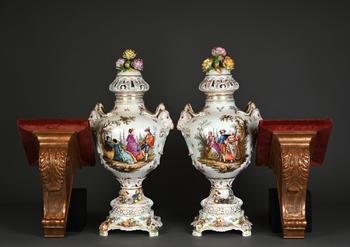 A pair of large Saxon porcelain vases \'romantic sc…