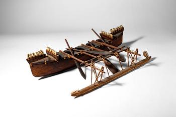 Ca. 20th century AD. >
A finely constructed model of a traditional Samoan outrigger canoe, carved
