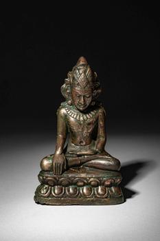 Ca. 12th - 13th century AD. >
A finely cast bronze figure of Buddha Shakyamuni, seated in bhumisp