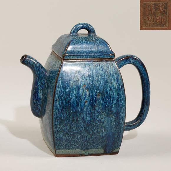 東京飛鳥清 葛明祥製紫砂胎海鼠釉茶壺