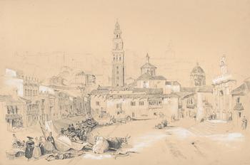 CIRCLE OF DAVID ROBERTS (SCOTTISH 1796-1864), GREAT SQUARE AND MARKETPLACE AT CARMONA