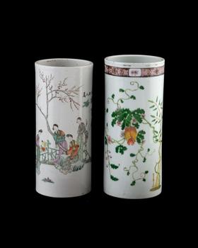 Two cylindrical painted porcelain vases. China, 20th century.
