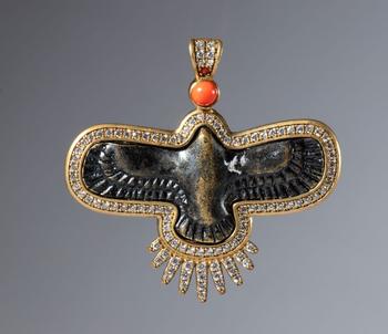 Copper alloy pendant with a posthumous setting, crystals, and coral. China, 20th century