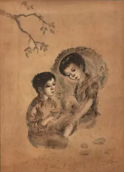 Indian ink on silk painting depicting two children. Signed Tran Van Tho (1917-2004).