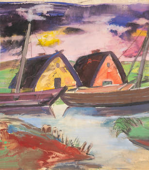 Oskar Gawell (Chawlodno 1888 - Wien 1955). Boat on the Shore - Houses by a River.