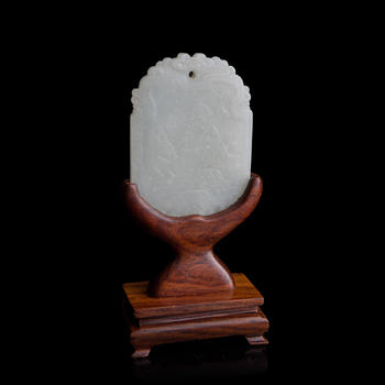 十九世紀早 白玉雕百樂受天牌（附木座）  A Chinese carved white jade 'happiness' plaque