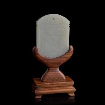 十八世紀(jì)晚/十九世紀(jì)早 白玉山水詩(shī)文牌(附木座）  A Chinese carved white jade 'landscape' and 'inscription' plaque