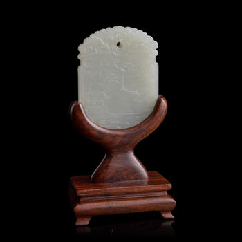 十九世紀(jì)早 白玉雕青山流水牌（附木座）  A Chinese carved white jade 'landscape' plaque