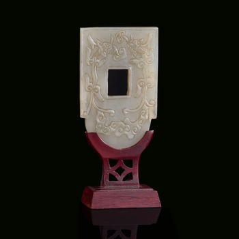十九世紀(jì) 白玉雕螭龍紋斧形佩（附木架）  A Chinese carved white jade 'chilong' axe-form plaque